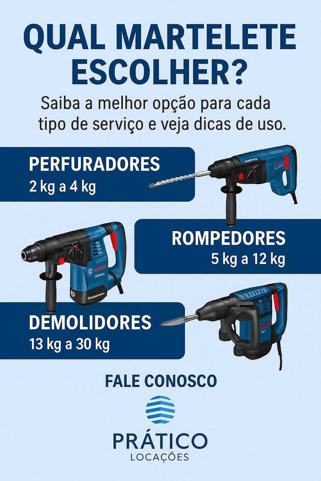 Marteletes perfurador, rompedor e demolidor disponíveis para locação em Recife, Camaragibe, Olinda e Jaboatão pela Prático Locações