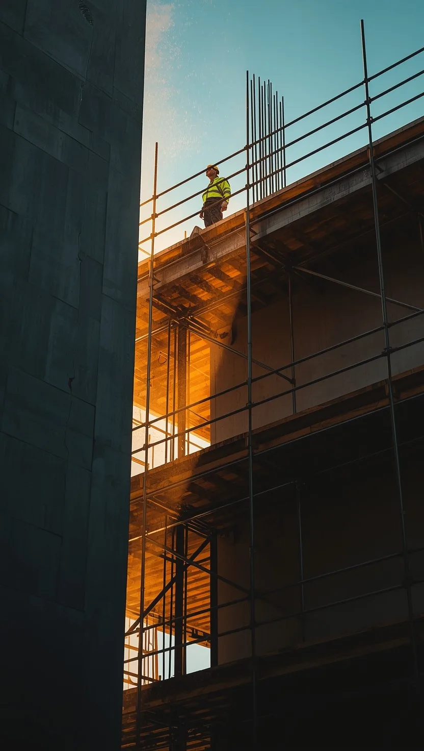 Operário em andaime tubular sobre obra de prédio em construção em Recife ao pôr do sol